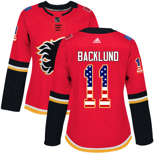Adidas Flames #11 Mikael Backlund Red Home Authentic USA Flag Women's Stitched NHL Jersey